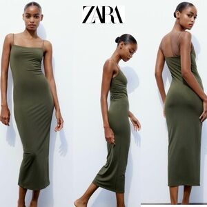 Zara Long Fitted Elastic bodycon midi Dress spaghetti strap olive army green L